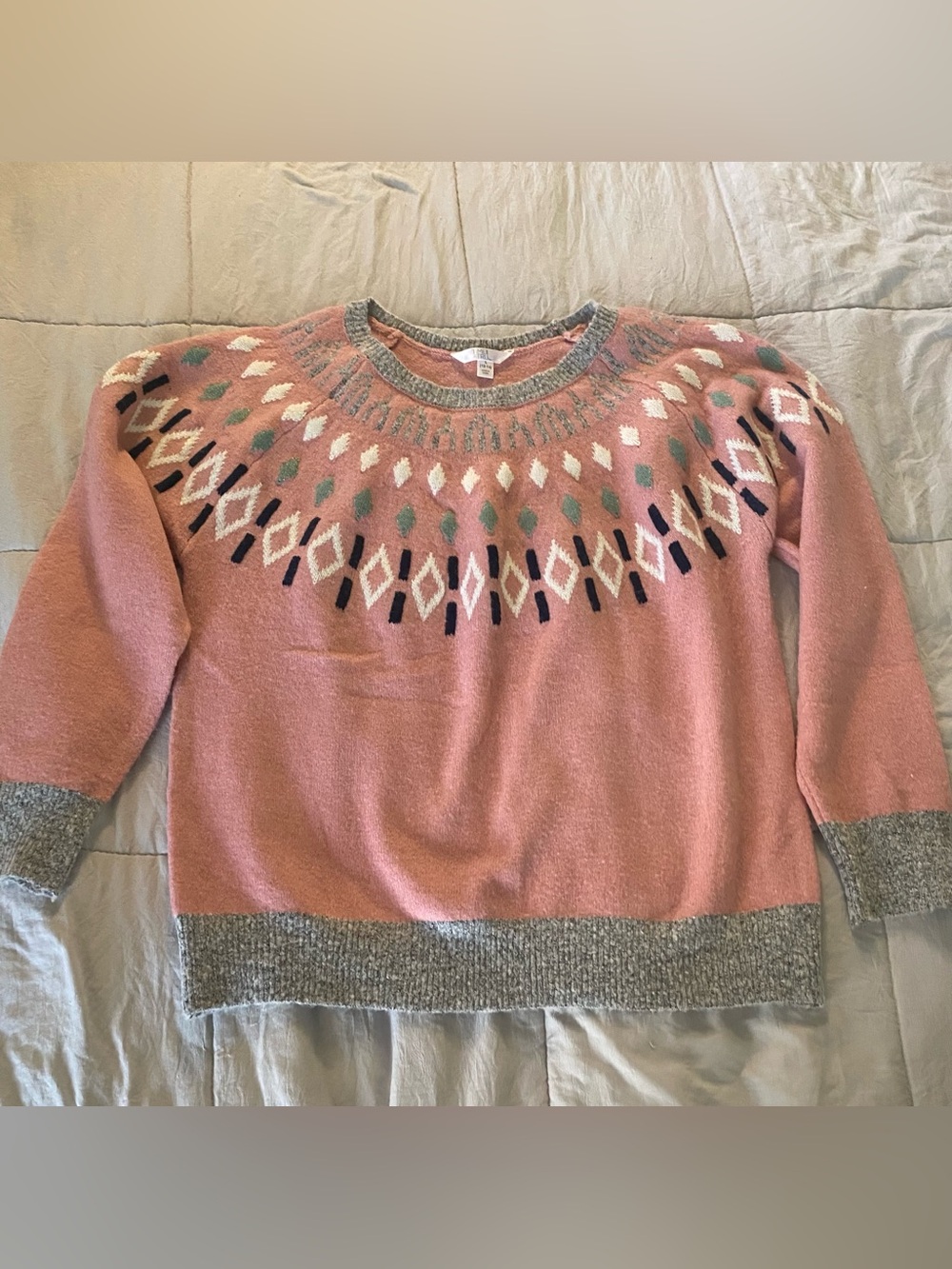 Time and Tru Rose Pink Fair Isle Crewneck Sweater with Gray Trim